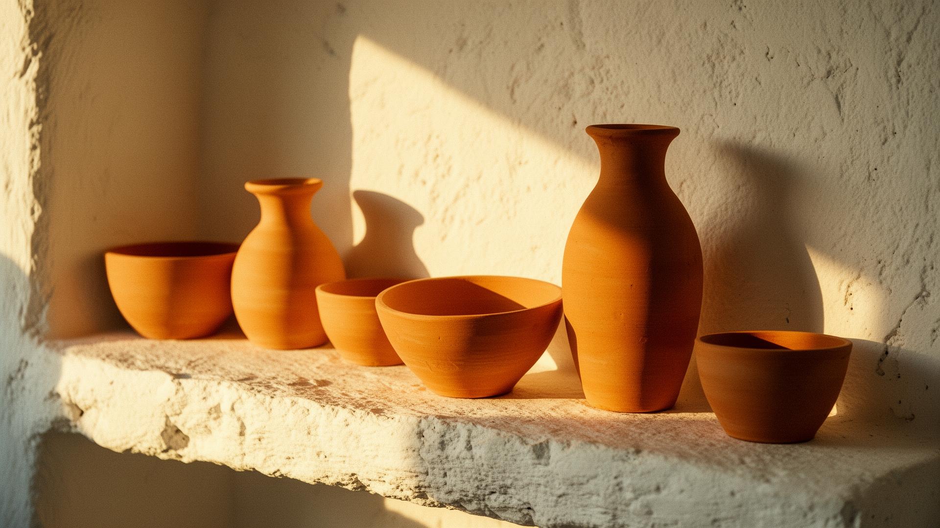 Handmade terracotta vessels on a whitewashed shelf in afternoon light