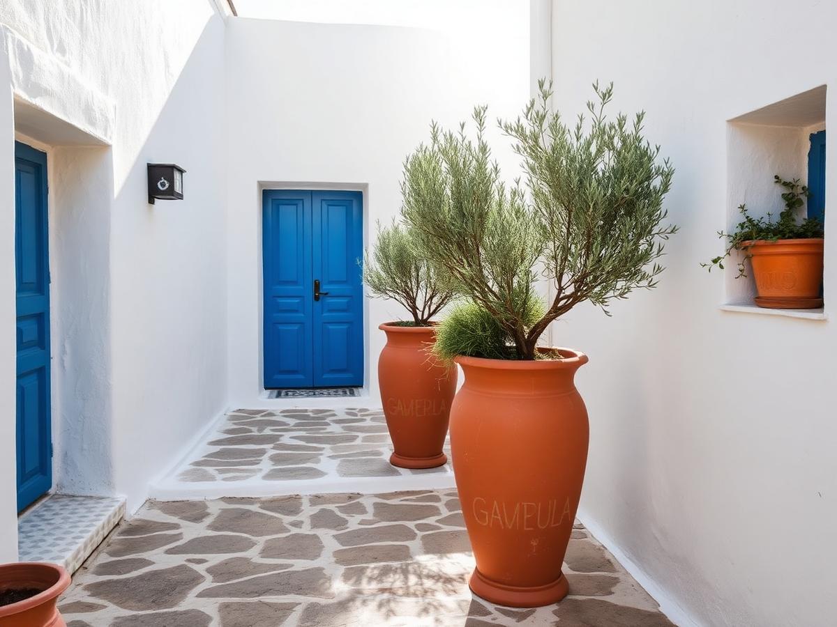 Whitewashed courtyard with terracotta planters